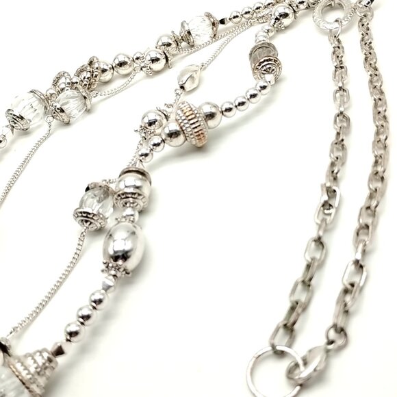 Silver-Tone Double-Strand Beaded Long Chain Necklace 38" - Boho Statement - Picture 14 of 16